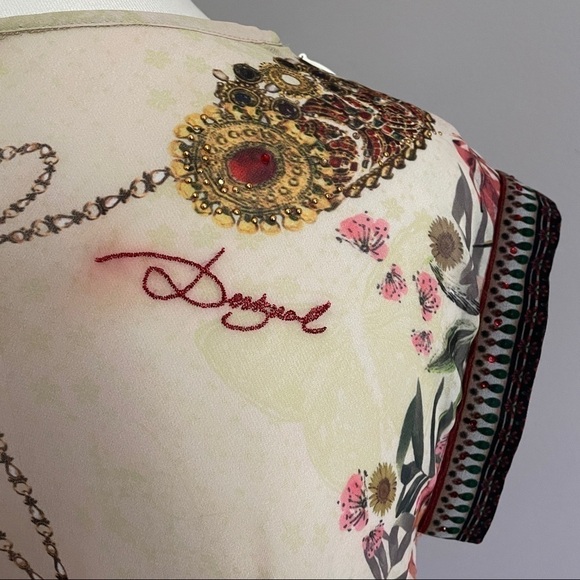 Desigual Elo Sheer Floral Chiffon Flapper Bejeweled Neckline Midi Knee Dress - S - Picture 9 of 14